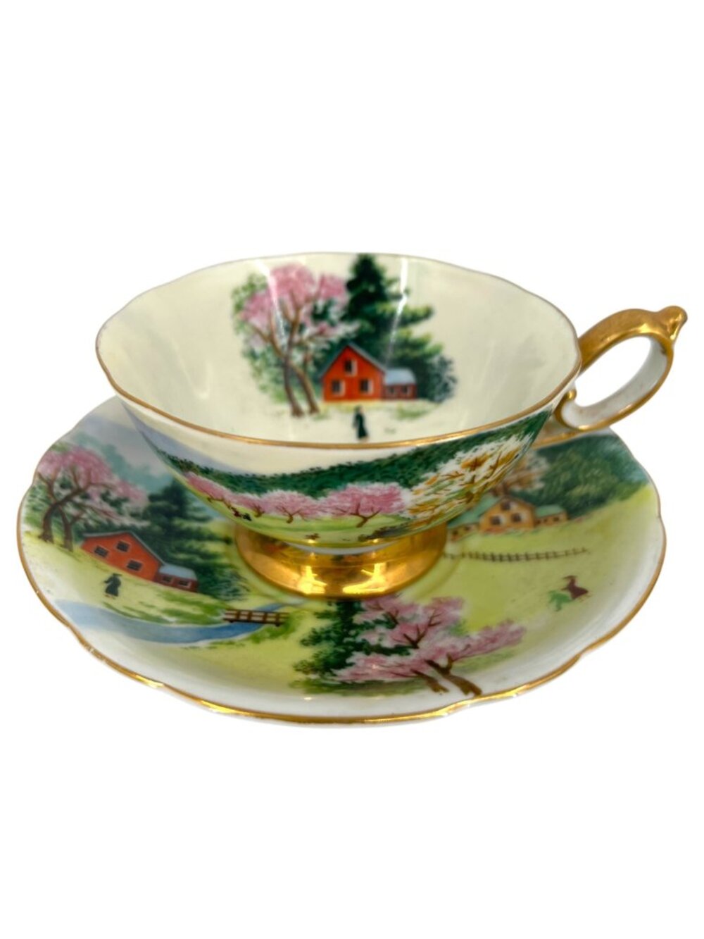 Lefton China Hand Painted Spring Teacup Saucer Set 780 Gold Trim Pastoral RARE